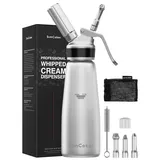 SimCoker Sahnespender,Aluminium Sahnesiphon 500ml,inklusive Ersatzteile 3 Spritztüllen,4 Injektorspitzen und 1 Reinigungbürste,Schlagsahnebereiter,Deutsche Anweisungen