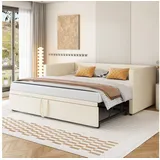 MODFU Schlafsofa Funktionsbett Doppelbett, Ausziehbares Daybett Tagesbett, Multifunktionsbett aus hautfreundlichem Samtstoff, ohne Matratze beige