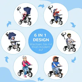 Homcom 6 in 1 Dreirad mit Schubstange, Kinderdreirad mit Sicherheitsgurt Blau
