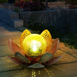 GLOBO Garten Außenlampen Solarleuchte dekorative LED Solarleuchte im Lotusblüten Design, Glaskugel goldfarben, LED, 22cm, Terrasse, 2er Set
