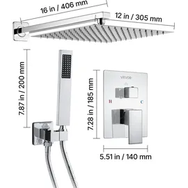 Vevor Duscharmatur Regenduschsystem fürs Badezimmer Duschsystem mit 305 mm quadratischen Regenduschkopf & Handbrause, wandmontierte Badezimmerarmaturen mit Messingventil & Zierset, Silberchrom