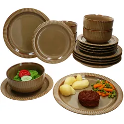 18tlg. Teller Set Bistro 6 Personen Steingut braun Teller klein & groß Schale