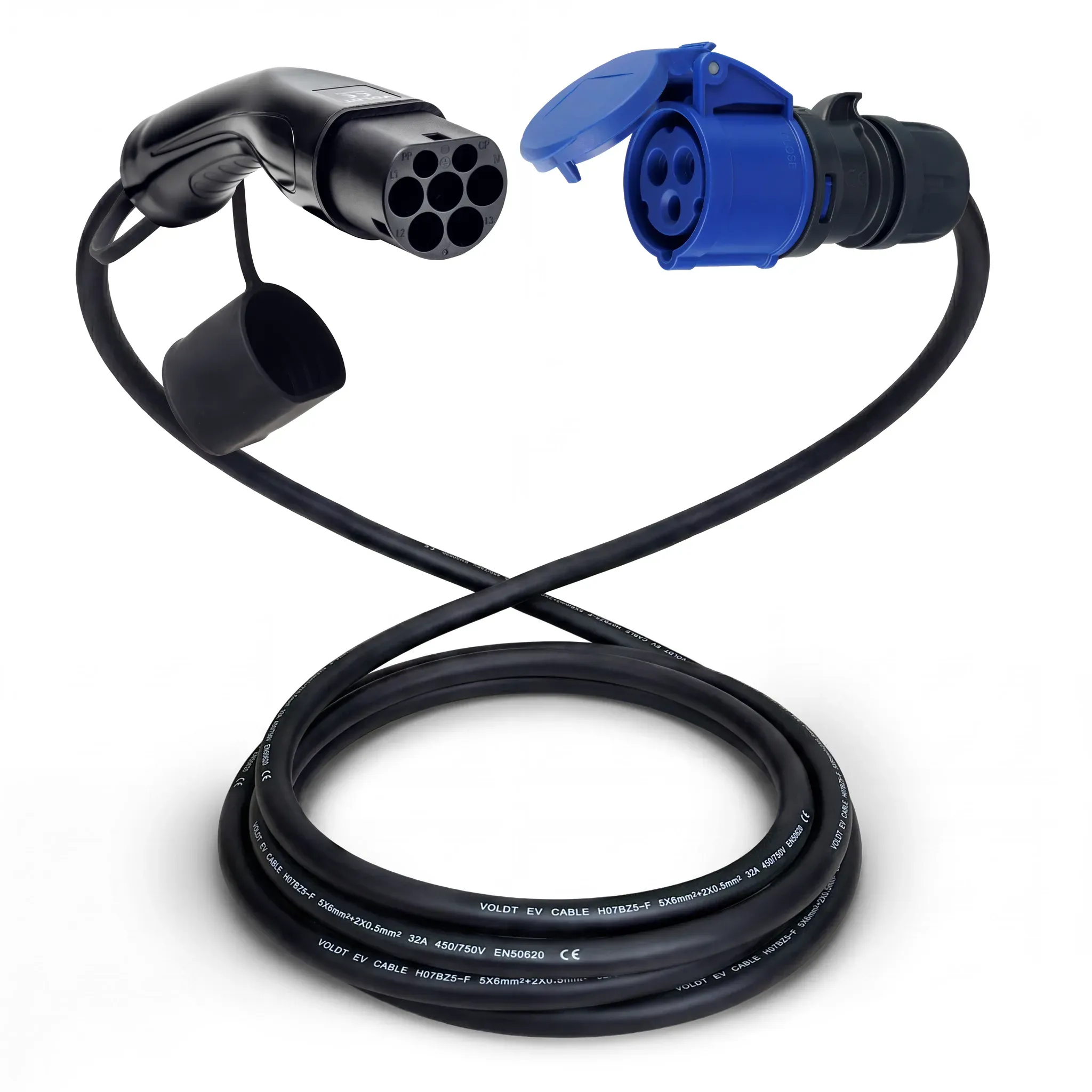 Voldt® Adapterkabel Typ 2 (Ladestationsseite) auf 3-polige blaue 32A CEE-Buchse | 8 Meter
