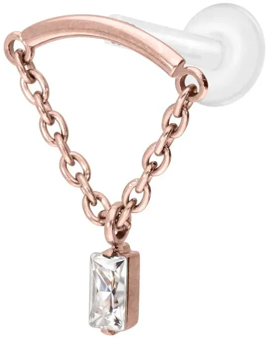 PTFE Labret mit Innengewinde + Titan-Aufsatz BOGEN + KETTE + KRISTALLRECHTECK