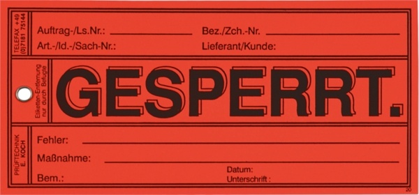Papieranhänger: Gesperrt - Karton = 500 Stk - 150x70 mm