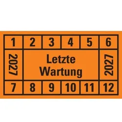 Dreifke® Prüfplakette Letzte Wartung 2027, orange, Dokumentenfolie, 45x25mm, 12 St/Bogen