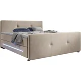 Juskys Houston 140x200 cm – Bett mit LED, Topper & Federkern-Matratzen – Stoff Beige