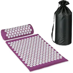 Relaxdays Akupressurmatte mit Kissen & Tragetasche, Rücken Massagematte, Stachel Faszienmatte, Stressabbau, lila/weiß