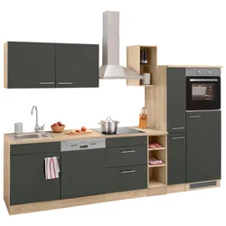 Küchenzeile OPTIFIT "Kalmar", grau (front: anthrazit, korpus: eichefarben hell, arbeitsplatte: eichefarben hell), B:300cm T:60cm, Komplettküchen-Sets, Breite 300 cm, wahlweise mit E-Geräten, mit Arbeitsplatte