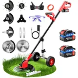 21V Akku Rasentrimmer, Freischneider Motorsense Akku mit Unkrautbürste, 12inch Elektrisch Teleslopstiel Rasenkantenschneider mit 90° Drehkopf und Rädern, Mini Rasenmäher mit 2 Batterie und Ladegerät
