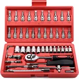 Egofine 46-teiliges 1/4-Zoll-Antrieb-Sockel-Ratschenschlüssel-Tool-Set mit Bit-Sockel-Set in Metrisch und Verlängerungsstange für DIY, Autoreparatur und Haushalt, inklusive Aufbewahrungsbox