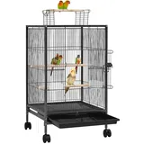 Yaheetech Vogelkäfig mit offenem Dach, Vogelvoliere mit Holzstangen und 360° drehbaren Rollen, 2 Futternäpfe & Schublade, großer Raum für Vögel, 45,5x45,5x89,5 cm