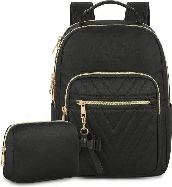Rucksack für Damen, kleiner, eleganter Schulrucksack mit Geldbörse im 2-in-1-Design, wasserdichter City-Rucksack, Casual Daypack mit USB-Ladeanschluss, moderner Handtaschen-Rucksack für Reisen und Arbeit, Schwarz