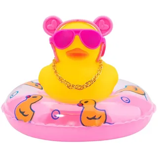 Geruwam Gummi-Ente für das Auto, Auto-Ente mit Quietschelement, Auto-Enten-Dekoration mit Stirnband, Schwimmring, Halskette, Sonnenbrille für Auto, Armaturenbrett, Zuhause, Tisch