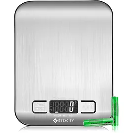 Etekcity Küchenwaage Digital - Edelstahl 304 - Lebensmittelgeeignete Waage Küche - Leicht zu Reinigen - Feinwaage mit Beleuchtetem LCD-Klare und gut Lesbare Kithchen Scale - 5 KG-1g - Edelstahl-Silber