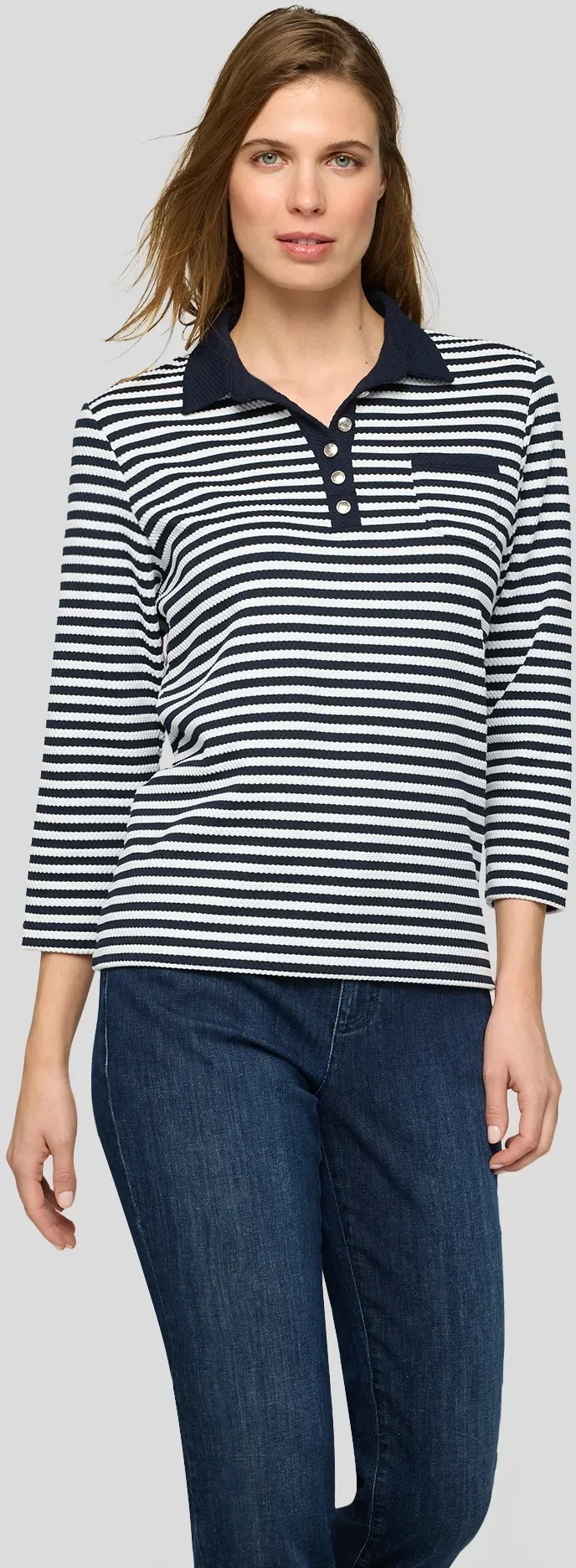 3/4-Arm-Shirt RABE, Damen, Gr. 36, schwarz-weiß (pazifik), Jersey, Obermaterial: 83% Polyester, 12% Viskose, 5% Elasthan, gestreift, regular fit normal, ohne Ausschnitt, Shirts 3/4-Arm-Shirt, mit Streifen Muster