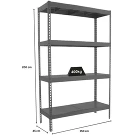 Proregal Schwerlastregal Metal Yeti Four HxBxT 200x150x45cm | Fachlast 400kg | Grau Metall, 150x200x45 cm Freizeit, Heimwerken, Werkstatt, Schwerlastregale