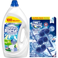 Weißer Riese Universal Gel (100 Waschladungen), Vollwaschmittel sorgt für strahlend saubere Wäsche & WC FRISCH Kraft Aktiv Blauspüler Chlor (150 g), WC Reiniger, 1er Pack