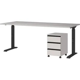 KADIMA DESIGN Büromöbel Set 2-teilig Schreibtisch 180x80cm & Rollcontainer Greige/Schwarz Einstellbar 68-91 cm & Soft-Close