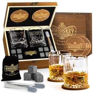 WHISISKEY Whisky Gläser Set - Whiskey Geschenkset Glas - Whiskygläser - Geschenke für Männer - Männergeschenke - Geburtstagsgeschenk Mann - Geschenkbox, 2 Rum Gläser x 310ML, 8 Whiskey Steine