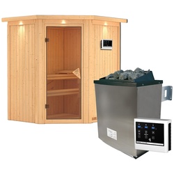 Karibu Sauna Taurin mit Eckeinstieg 68 mm-9 kW Ofen inkl. Steuergerät-inkl. Dachkranz