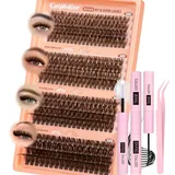 Brown Lash Clusters Kit 60D-120D Einzelwimpernverlängerungs-Set, dunkelbraune Wispy-Wimpern-Cluster, 296 Stück, mit Bindung und Versiegelung, D-lockige Wimpernverlängerungen, 10–18 mm dick