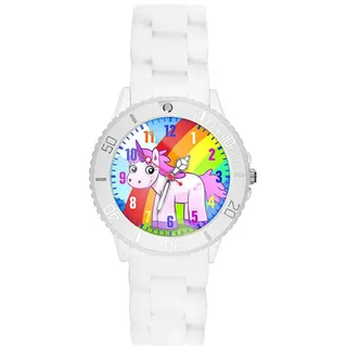Taffstyle Kinder Ambanduhr Bunte Kinder Armbanduhr Silikon Einhorn Uhr Lernuhr Weiß
