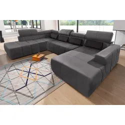 Wohnlandschaft DOMO COLLECTION "Brandon, whlw. mit Sitztiefenverstellung, whlw. Nierenkissen", grau (dunkelgrau), B:359cm H:80cm T:228cm, Kunstleder SOFTLUX;Luxus-Microfaser in Antikleder-Optik (100% Polyester);Luxus-Microfaser (100% Polyester), Sofas, mit Kopfteilverstellung, wahlweise Sitztiefenverstellung, U-Form