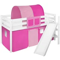 Spielbett JELLE 90 x 200 cm Rosa - Hochbett LILOKIDS - Weiß - mit schräger Rutsche und Vorhang - Weiß/Rosa