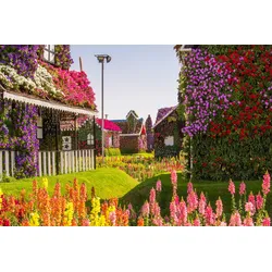 Fototapete PAPERMOON "BLUMENSTRAßE-WUNDERGARTEN PARK DUBAI HÄUSER PFLANZ", bunt, B:4,00m L:2,60m, Vlies, Tapeten