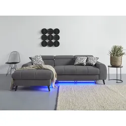 Ecksofa COTTA "Mia L-Form mit 3 Zierkissen", grau, B:236cm H:74cm T:164cm, 100% Polyester, Sofas, wahlweise mit Bettfunktion, Bettkasten, Beleuchtung & Wireless-Charger