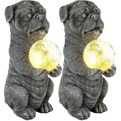 Solarleuchte Hund Gartendeko Tierfigur grau Solarlampe Kugel Bruchglas Hund, LED warmweiß, LxBxH 17,5x13x29 cm, 2er Set