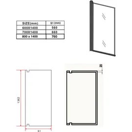 Badplaats Duschwand für Badewanne Medal 60 x 140 cm Schwarz - Drehbare Duschtrennwand mit 5 mm ESG Sicherheitsglas, Nano-Beschichtung