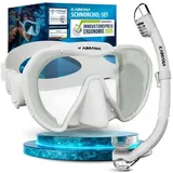 KAIMANA Tauchermaske AquaVision Prolite Schnorchelset für Erwachsene inkl. Tragetasche, (Bequeme Taucherbrille Erwachsene, Alternative zur Schnorchelmaske), Taucherbrille mit Stoffband/Silikonstrap weiß Silikon-Strap