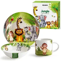 MiaMio - 3er-Set Kindergeschirr/Porzellan Kinderbesteck, Kindergeschirr-Set aus Porzellan - Inklusive Teller, Schüssel und Tasse - Für Kinder und Kleinkinder (Dschungel) Jungle Grün