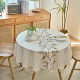 IBEQUEM Baumwoll-Leinen-Tischdecke, schmutzabweisende rechteckige Beige Tischdecke mit Quaste, dekorative gestickte Blätter gerundet Tischdecke für Küche, Picknick, Restaurant (Rund-140cm)