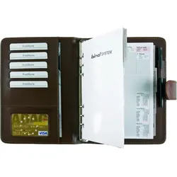Jüscha bind Systemplaner A5 aus braunem Lederimitat mit Druckknopfverschluss, Einsteckfach, Visitenkartenfächern, inkl. Office-Einlage, ohne Kalender, 15601