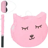 Relaxdays Katzen Pinata, mit Stab & Maske, Partypinata Kinder, Geburtstag, zum Befüllen, HxBxT: 34 x 37 x 9,5 cm, rosa