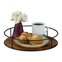 Relaxdays Tablett, Holz & Eisen, H x D: 6 x 31 cm, Serviertablett mit Metallrand braun/schwarz