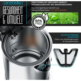 Arendo Wasserkocher Edelstahl, 1,7 Liter 2200W mit Temperatureinstellung und LED-Display, Modell DIVINE, Silber