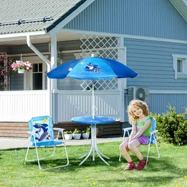 Outsunny 4 tlg. Kindersitzgruppe Garten Gartentisch 2 Klappstühle Sonnenschirm Camping Kindersitzgarnitur Gartenmöbel für 3-6 Jahre Blau