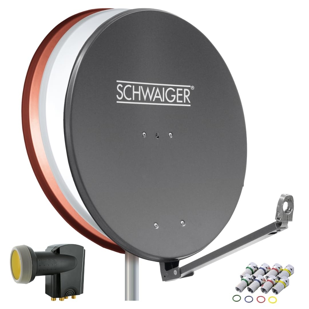 SCHWAIGER 4609 SAT-Anlage Satelliten-Set Satellitenschüssel Quad LNB digital 8X F-Stecker 7mm SAT-Antenne aus Aluminium Komplettset Anthrazit 88 x 88 cm
