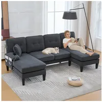 STILVORA Sofa 4-Sitzer U-Form Couch Wohnlandschaft mit Rückenlehne Leinenstoff, mit zwei Chaise-Lounges aus weichem Leinenstoff, moderne Rückenlehne, stabile Füße und gemütliche Sitzkissen grau