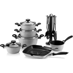 Topf-Set KRÜGER "Aluguss Topf- und Pfannenset inkl. praktischen Küchenhelfern, 17 tlg.", grau, Töpfe, inkl. 7-tlg. Küchenhelfer-Set