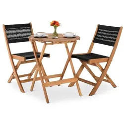 Sitzgruppe Garten Holz wetterfest für Balkon & Terrasse, 2 klappbare Stühlen Akazie-Holz, runder Tisch 60 cm Ø, Rope in Schwarz, Raburg Lanzarote