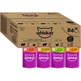 Whiskas 1+ Katzennassfutter Klassische Auswahl in Sauce, 84x85g (1 Großpackung) – Hochwertiges Nassfutter für ausgewachsene Katzen in 84 Portionsbeuteln