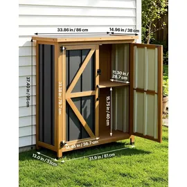 Vevor Gartenschrank Holz, Geräteschrank mit Abschließbaren Türen, Gerätehaus mit Ablage & Boden, Geräteschuppen, Gartengerätehaus, Werkzeugschrank für Terrasse, Garten oder Rasen, 81x33x95 cm