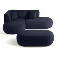 Lisa Design Santorini - 4-Sitzer Modulares Ecksofa links + Hocker - aus strukturiertem Stoff , Marineblau - Blau