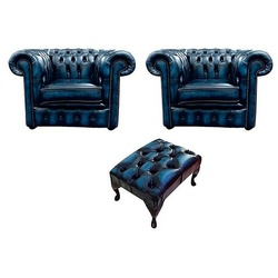 JVmoebel Chesterfield-Sessel, Chesterfield Sessel 2x 1 Sitzer + Hocker Garnitur Design blau