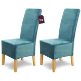 SCHEFFLER-Home Stretch Stuhlhussen Samt Puma Velvet/Velours Stuhlhussen 2er Set Türkis/Stuhlabdeckung als Stuhlhussen Schwingstühle/Spann-Stuhlhussen Lang/eleganter Chenille Stuhlüberzug